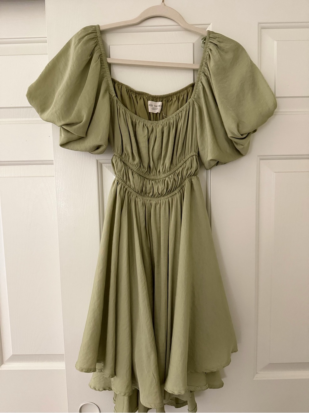 Light Olive Puff Sleeve Tea Dress